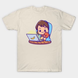 Cute Girl Watching On Laptop With Doll Cartoon T-Shirt